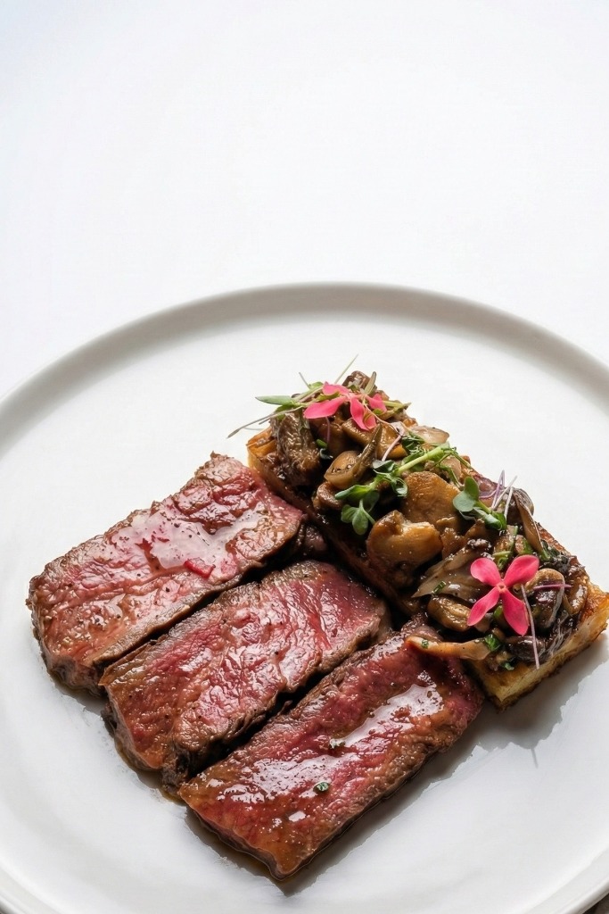 Menu Item: Chatel Farms Prime Strip Steak with Gratitude Gardens Mushrooms and Onion Scarpaccia at Salty Zebra Bistro Jupiter