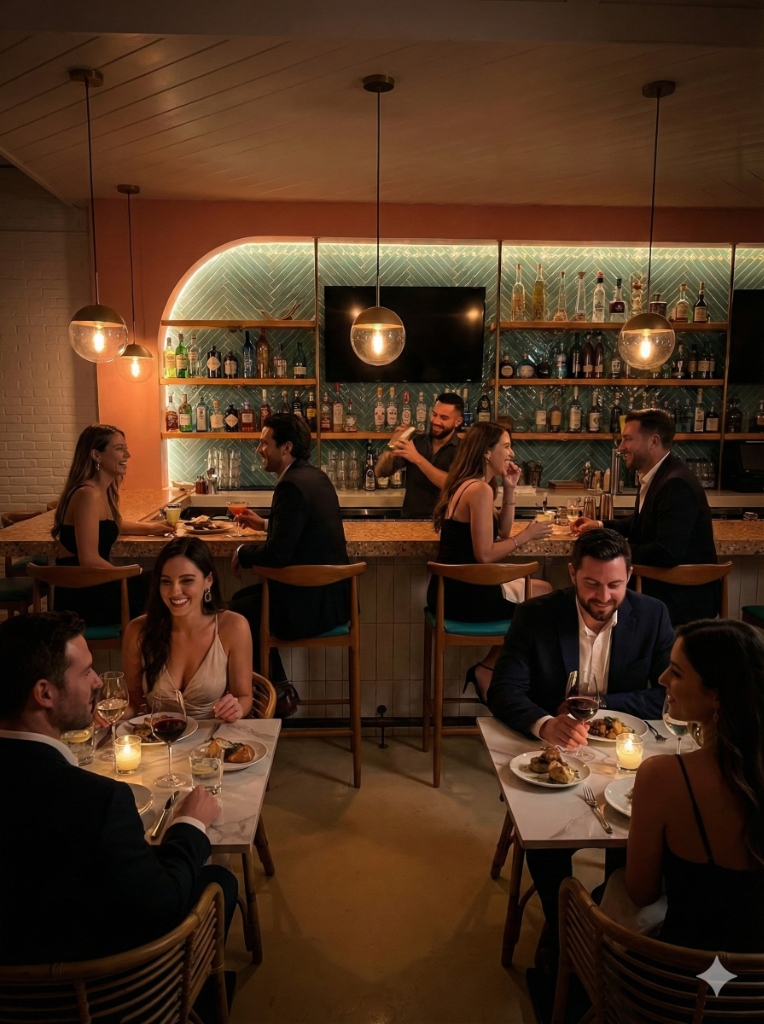 Intimate date night dining atmosphere at The Salty Zebra Bistro Jupiter Florida - casual fine dining restaurant interior with bar